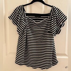 Banana Republic Black and White Striped Scalloped Square Neck Tee